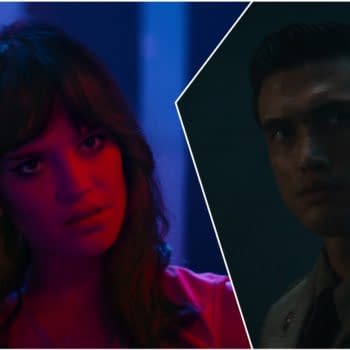Dramatic split-screen illustration of a tense woman and man in moody red and blue lighting, suggesting a dark thriller theme.
