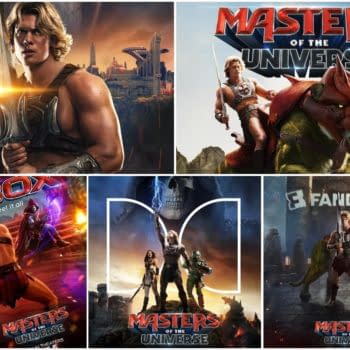 Collage of five Masters of the Universe movie posters featuring He-Man, Skeletor, and Battle Cat in dramatic action scenes.