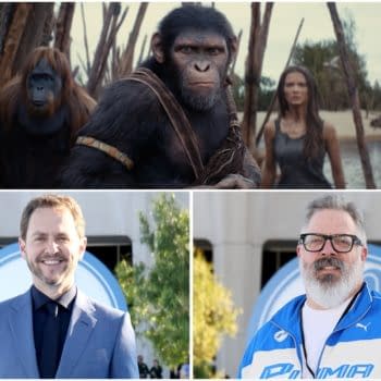 Promotional collage for a Planet of the Apes feature, with three ape characters in a dramatic shoreline scene above two smiling men at a public event below.
