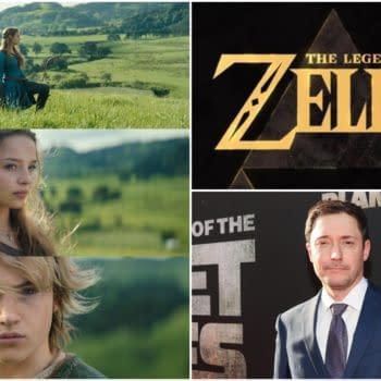Collage featuring The Legend of Zelda logo, Link and Zelda in a grassy landscape, and actor images from the film adaptation.