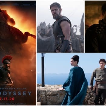 Promotional collage for The Odyssey showing epic ancient-Greece scenes and characters, including a dramatic fiery poster with a warrior, close-ups of armored men, and two figures on a seaside cliff.