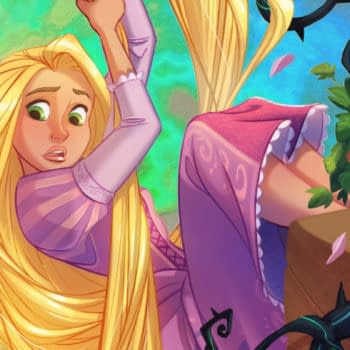 Illustration of Rapunzel climbing down a tower, looking worried as vines and flowers surround her. It appears to be a Disney Lorcana promo card mockup.