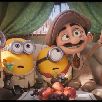 Animated Minions & Monsters scene showing several Minions riding in a limo with a mustached man in a suit and hat, holding drinks and waving.