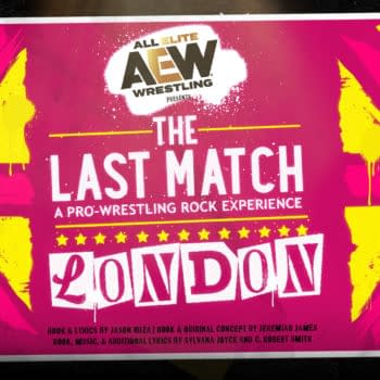 A bold pink-and-yellow promotional poster for AEW Wrestling and the West End musical The Last Match, titled “A Pro-Wrestling Rock Experience London.”
