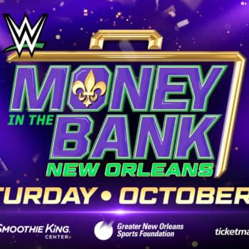 WWE Money in the Bank logo on a purple confetti background, promoting the event in New Orleans on Saturday, October 10.