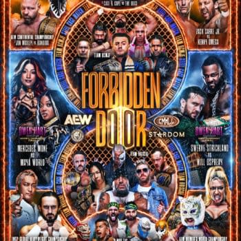 AEW Forbidden Door poster with a fiery cage-themed wrestling collage, featuring multiple championship matchups and wrestlers arranged around the event title.