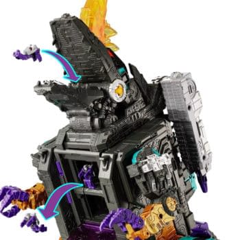 Transformers New Legends Gigastorm figure shown in a close-up, with a black and gray mechanical body, purple and gold clawed parts, and an orange translucent piece at the top. Curved arrows indicate a transformation or attachment step.