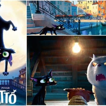 Collage of Gatto teaser art featuring a black cat, colorful Venice-style canals, and a tense scene with a large white cat in a wooden interior.