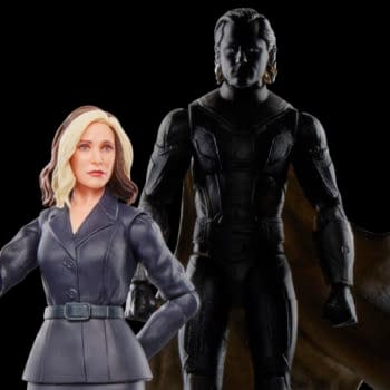 Marvel Legends figures of Valentina Allegra de Fontaine holding a pistol and The Void standing behind her in a dark, dramatic pose.