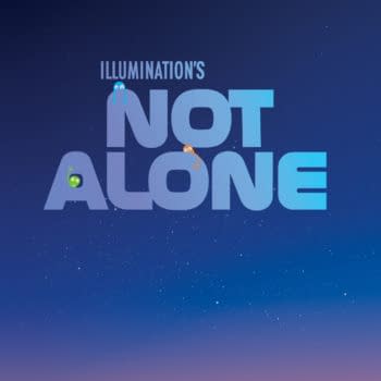 Movie poster for Illumination’s Not Alone, featuring a starry night sky, the names Timothée Chalamet and Selena Gomez, and a small pair of figures standing on a hill at sunset. Release text says in theaters April 2027.