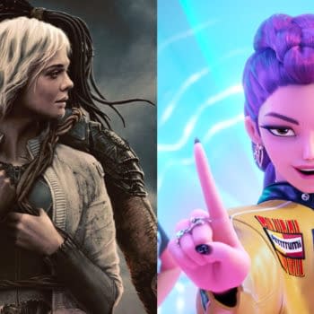 Split promotional art comparing Predator Badlands on the left and KPop Demon Hunters on the right, with a woman and Predator creature back to back beside a bright animated K-pop character.