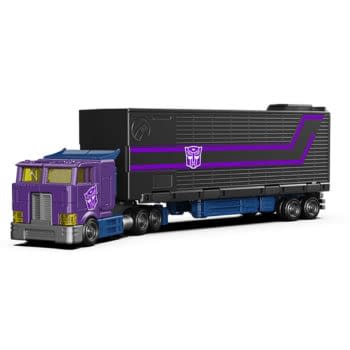 Blokees Transformers Shattered Glass Optimus Prime kit shown in truck mode, featuring a purple cab and black trailer with purple Decepticon markings.