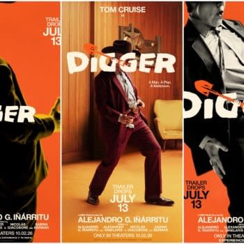 Promotional poster for Tom Cruise’s Digger, showing three stylized cowboy-like poses against bright orange backgrounds with the title and trailer drop date.