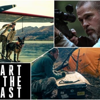 Collage-style feature image for Heart of the Beast showing a rugged man and his German shepherd beside a floatplane, a close-up of him aiming a rifle, and a campsite scene with an orange tent.