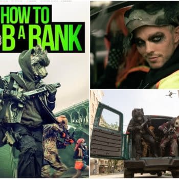 Collage-style promo art for “How to Rob a Bank,” showing masked robbers with weapons, a wolf logo, and a van getaway scene.