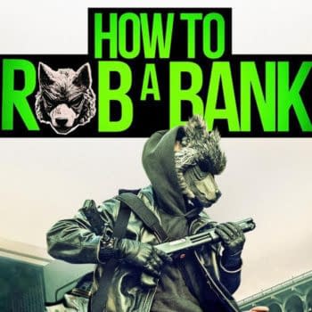Movie poster for How to Rob a Bank featuring a hooded wolf-masked figure holding a shotgun, with bright green title text.