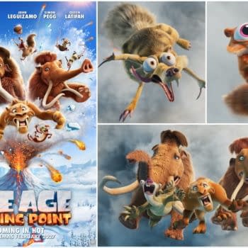 Promotional collage for Ice Age: Boiling Point showing Scrat and the Ice Age characters tumbling through an erupting volcanic blast. The poster includes the title and “Coming in hot” release text.