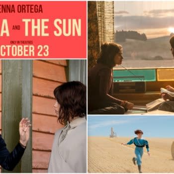 Collage for Klara and the Sun featuring Jenna Ortega, with a red title card, a close conversation between two women, and a girl running through a sunlit field.