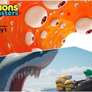 Illustrated Minions and Monsters poster showing a giant shark attacking a small boat with Minions and Goomi, with the title and July 1 release date.