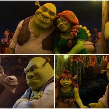 Shrek 5 promotional collage showing Shrek and Fiona together, Donkey facing Shrek, and other ogres in a dimly lit fantasy setting.