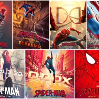A collage of Spider-Man Brand New Day poster variants showing Spider-Man swinging through New York City, with bold Marvel branding and different premium-format logos like 4DX, ScreenX, Dolby Cinema, XD, RealD 3D, and D-Box.