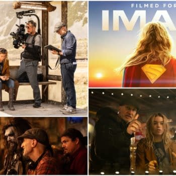 Collage of Supergirl behind-the-scenes photos, including the actress on set with the crew and an IMAX promotional shot of Supergirl seen from behind at sunset.