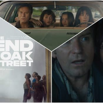 Collage-style feature image for The End of Oak Street showing a family in a car, a foggy suburban scene with the title, and a tense close-up of two worried faces.