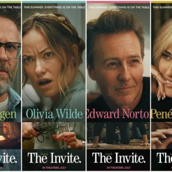 Four character posters for the movie The Invite, featuring Seth Rogen, Olivia Wilde, Edward Norton, and Penélope Cruz, with the tagline “This summer, everything is on the table.”