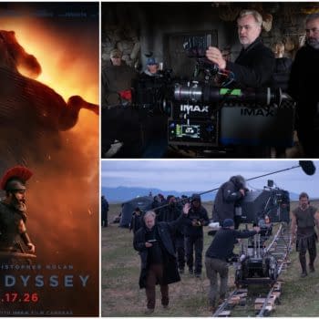 A The Odyssey feature collage shows the movie poster alongside behind-the-scenes shots of Christopher Nolan filming with an IMAX camera and cast on a set.}