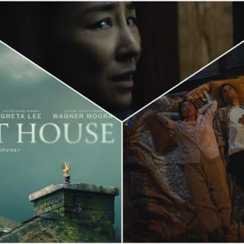 Collage-style feature image for The Last House, showing a tense close-up of a man, the film title over a rooftop scene with a raised hand, and a couple lying on a bed.