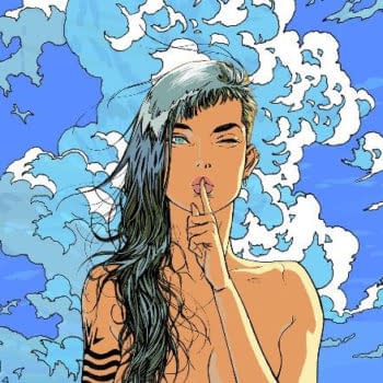 Comic-style illustration of a woman with long dark hair holding a finger to her lips against a blue sky with clouds, featured in Image Comics’ Ofiusa. The Image Comics logo and September issue badge appear in the corner.