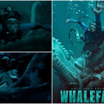 Promotional poster for Whalefall showing a scuba diver trapped underwater with a giant whale in a tense, dark blue collage.