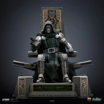 Doctor Doom Sits Upon His Throne with New Avengers: Doomsday Statue