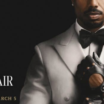 Promotional poster for The Thomas Crown Affair showing a sharply dressed man in a white tuxedo jacket, black bow tie, and leather glove against a dark background.