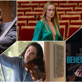 Collage-style Behemoth feature image showing a man and a woman playing string instruments, with a movie-poster design on the right that reads “BEHEMOTH.”