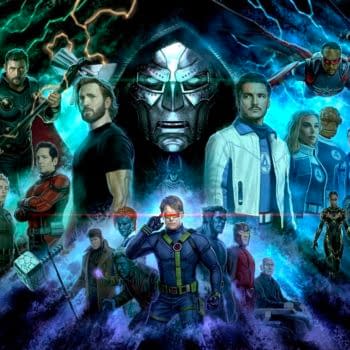 Marvel-style key art for Avengers: Doomsday featuring Doctor Doom at the center, surrounded by Thor, Captain America, the Fantastic Four, X-Men, and other heroes in a blue-green cosmic storm.