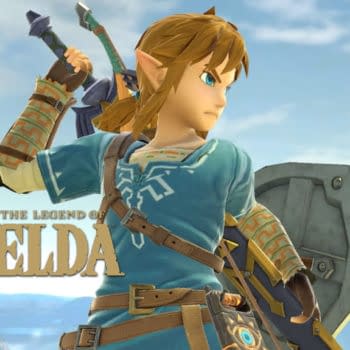 Link from The Legend of Zelda stands ready with sword and shield against a bright sky. The game logo appears in the lower left.