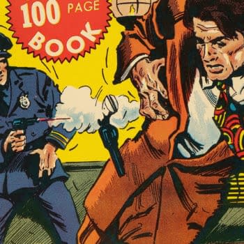 Vintage comic-style cover art for All-True Detective Cases Giant, showing a detective aiming a gun at a tense man in a brown suit. Bright yellow background and a red burst reading “100 PAGE BOOK.”