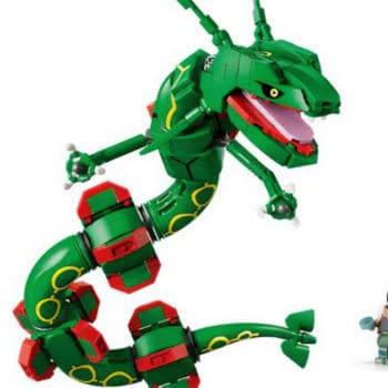 LEGO Rayquaza set with a large green dragon-like Pokémon figure and a small trainer minifigure on a white background.