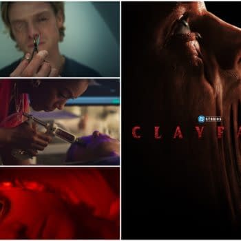 Promotional Clayface trailer collage showing a scientist and a tense medical experiment, alongside a close-up of Clayface’s distorted profile with the DC Studios logo.