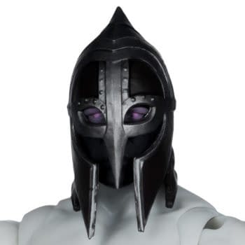Close-up of a God of War: Ragnarök Einherjar figure wearing a black Nordic-style helmet with purple eyes visible through the slits.
