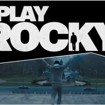 Promotional graphic for I Play Rocky featuring bold white title text on a black background and a small silhouette of Rocky beside a scene from the film with a boxer raising his arms.