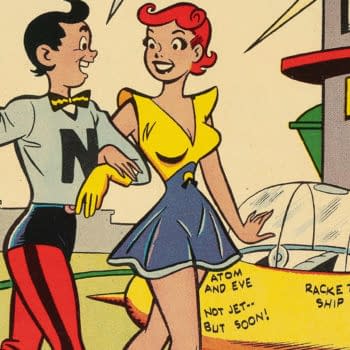 Vintage Dan DeCarlo science fiction cartoon showing a smiling young couple in futuristic outfits beside a sleek flying car outside Neutron High School.