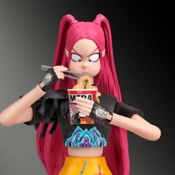 A stylized HUNTR/X Mira figure with bright pink twin ponytails holds chopsticks and a cup of ramen against a dark background.
