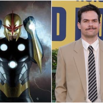 Split promotional image featuring comic character Nova on the left and Michael Waldron at a red carpet event on the right.