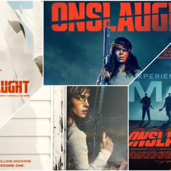 Composite movie poster for Onslaught featuring a woman holding a rifle, with bold red title text and multiple action scenes in a gritty blue-and-orange design.