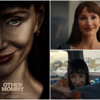 Promotional collage for the thriller Other Mommy, showing a close-up of a sinister woman, a smiling woman, and a tense scene in a car.