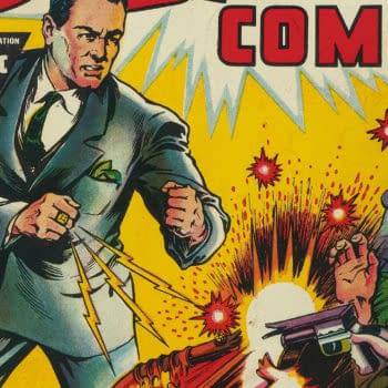 Vintage Fawcett Comics cover art for Slam Bang Comics #1, showing an FBI agent in a suit amid gunfire and explosions. The bright yellow comic-book illustration has bold action lettering and a dramatic pulp style.