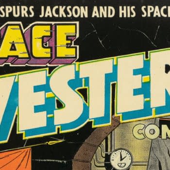 Close-up of a vintage Space Western comic cover featuring the title art for “Spurs Jackson and His Space Vigilantes.” The bold lettering and worn cover suggest an old auction item.