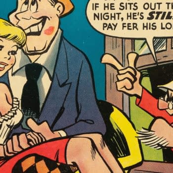 Vintage comic-style illustration from The Farmer’s Daughter #3 featuring a smiling blonde woman and a man in a lodge doorway, with a speech bubble overhead. The scene has a playful, pin-up era look.
